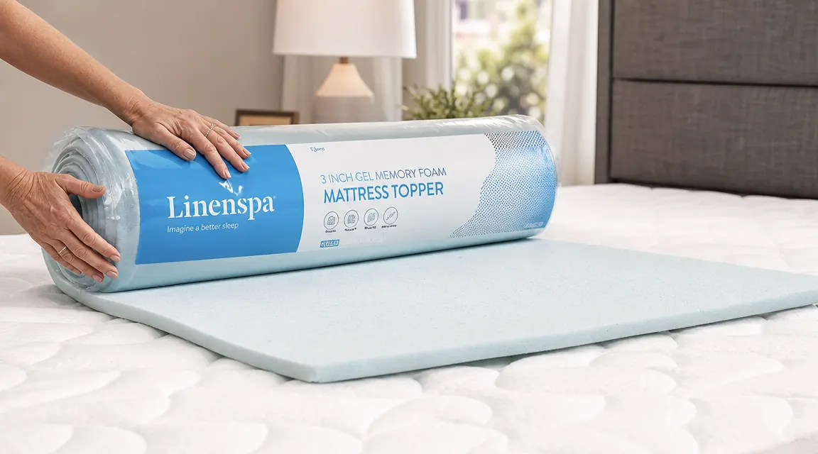 Hands unrolling a white gel memory foam mattress topper onto a queen mattress