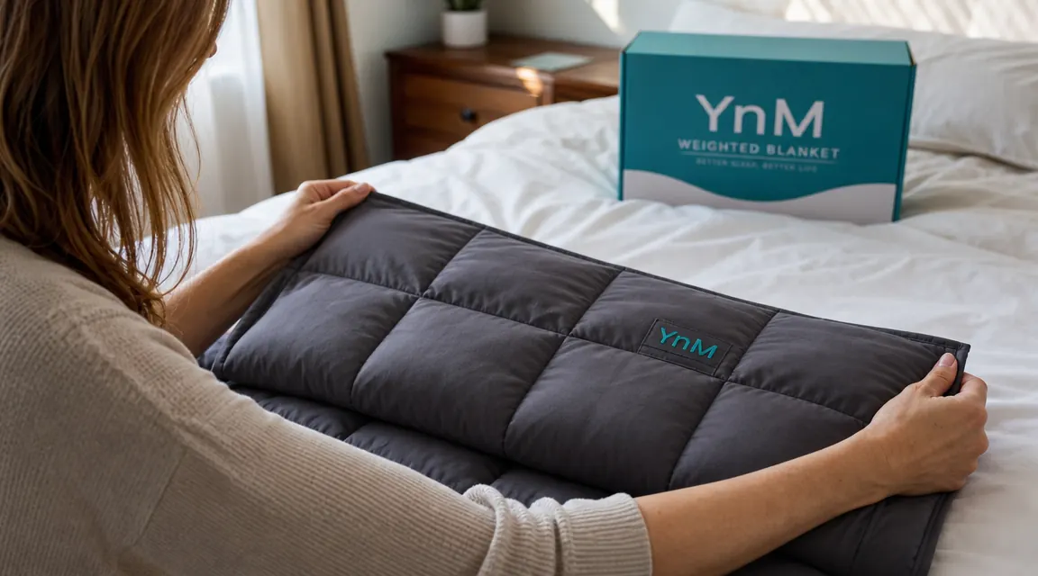 Hands folding a YnM weighted blanket on a bed, showing the glass bead texture through the fabric