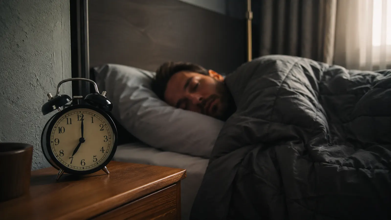 Person sleeping deeply under a weighted blanket, alarm clock showing 7am, well-rested expression