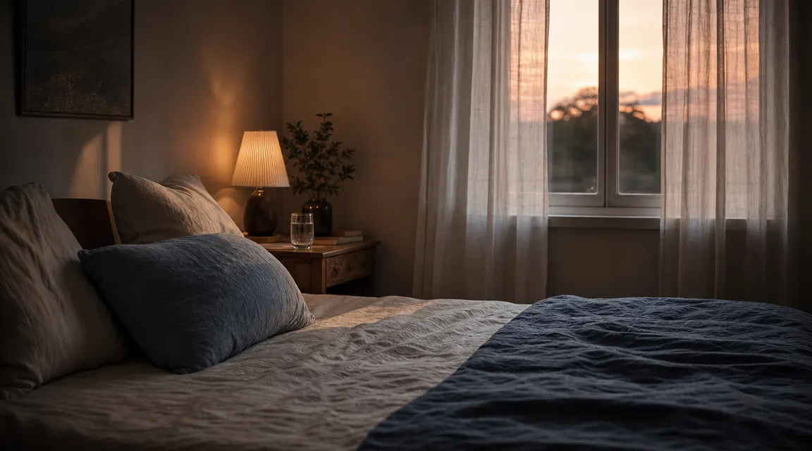 A woman in her 40s sleeping peacefully in a softly lit bedroom with a weighted blanket pulled up to her shoulders at the dim blue light of early morning
