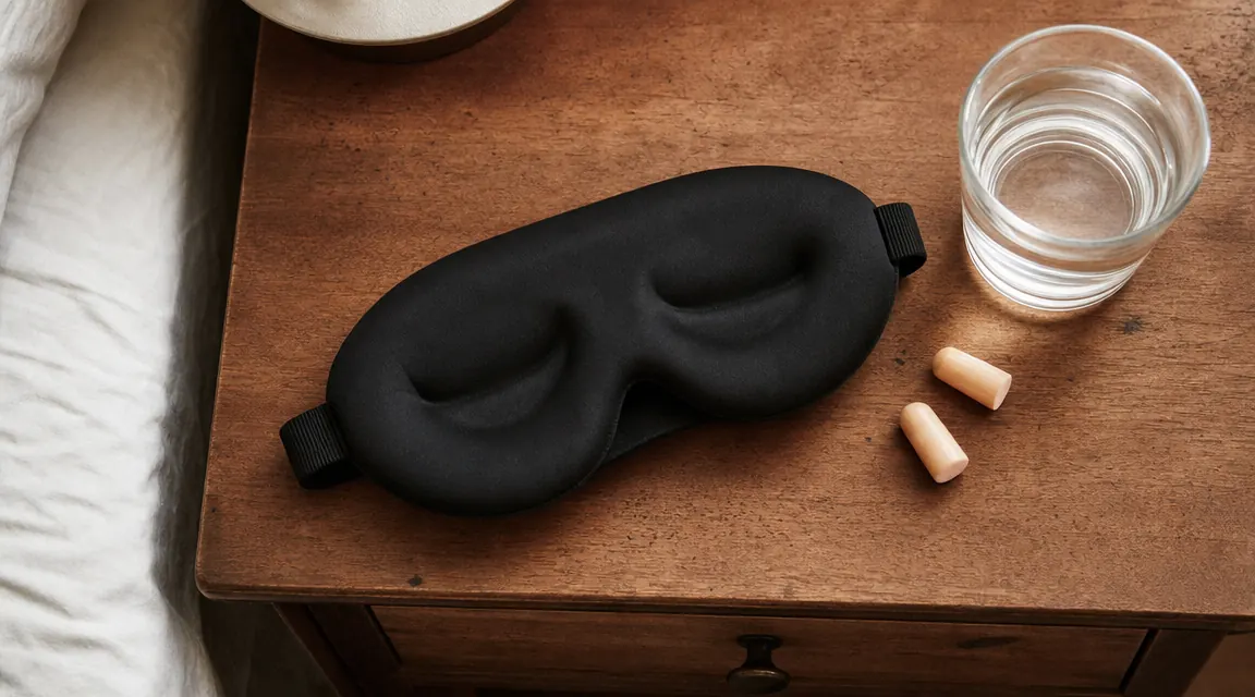 Overhead nightstand flat-lay showing a contoured sleep mask, earplugs, and a small glass of water arranged neatly, pre-sleep ritual items