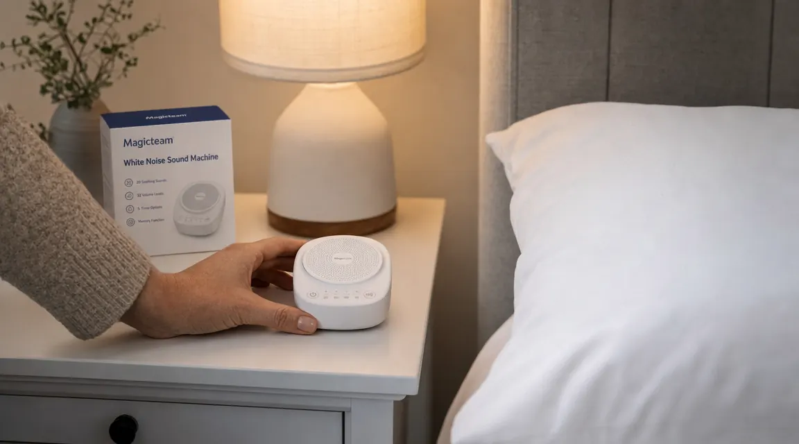 Hand placing the Magicteam white noise machine on a nightstand approximately two feet from a pillow
