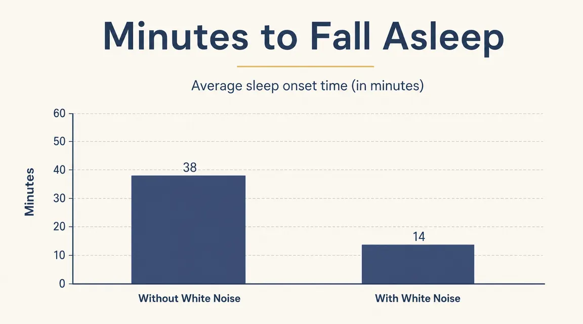 Simple chart showing average minutes to fall asleep across five nights without white noise versus five nights with white noise, showing a clear downward trend