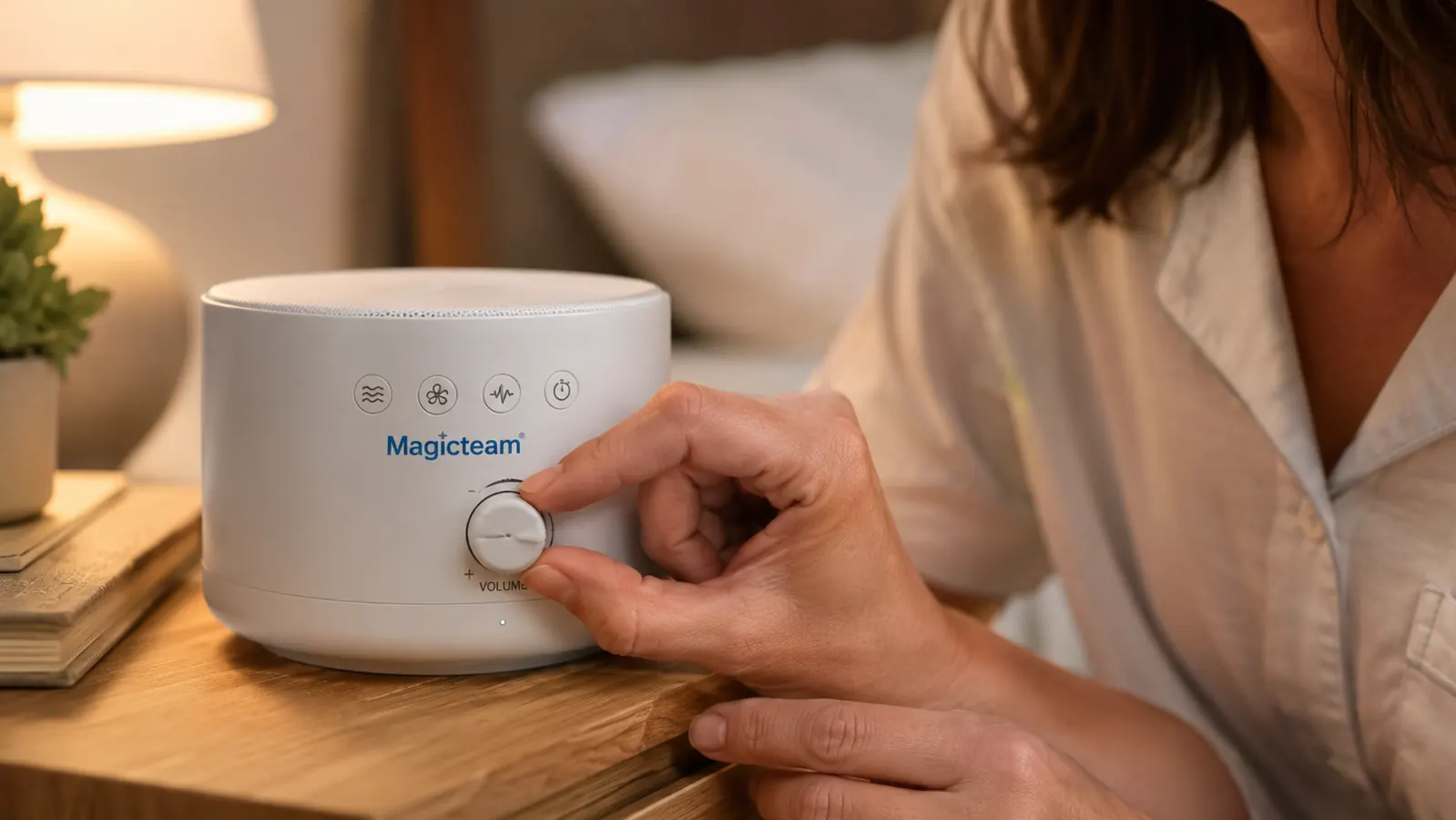 Close-up of the Magicteam white noise machine volume dial being turned, with bedroom setting in background