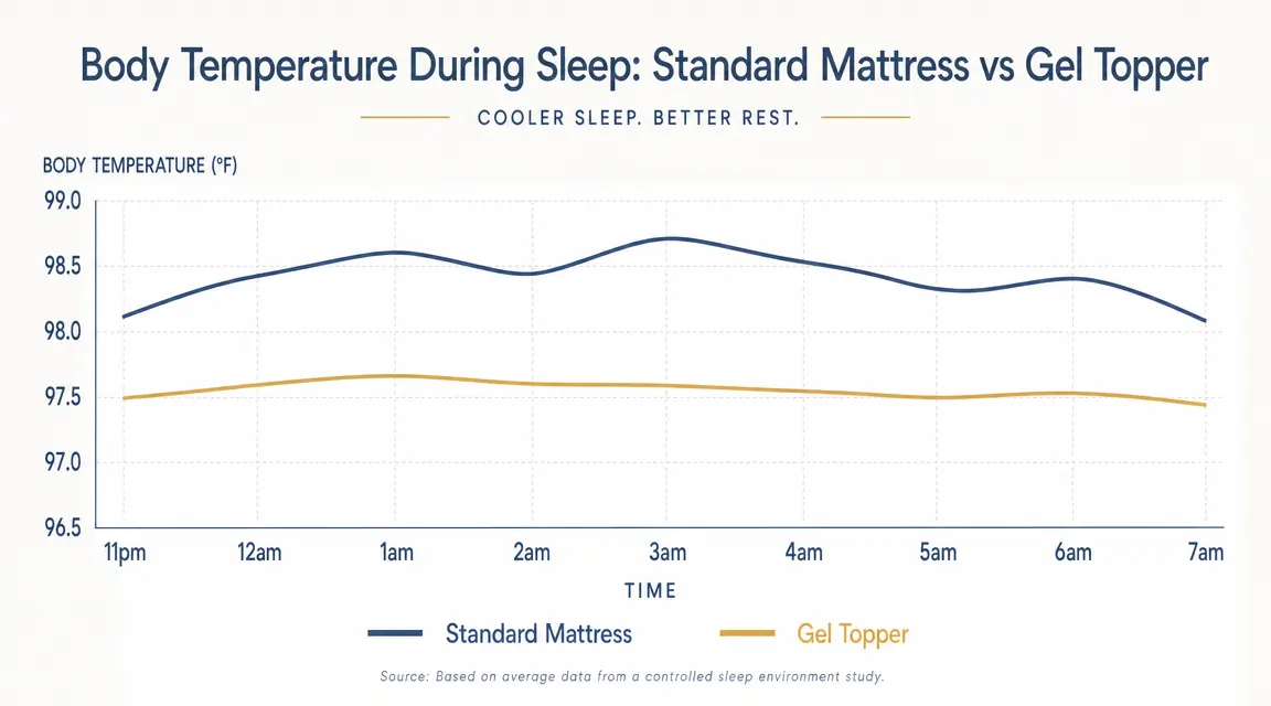 Chart showing nighttime body temperature across a standard mattress versus a gel foam mattress topper over an 8-hour sleep window