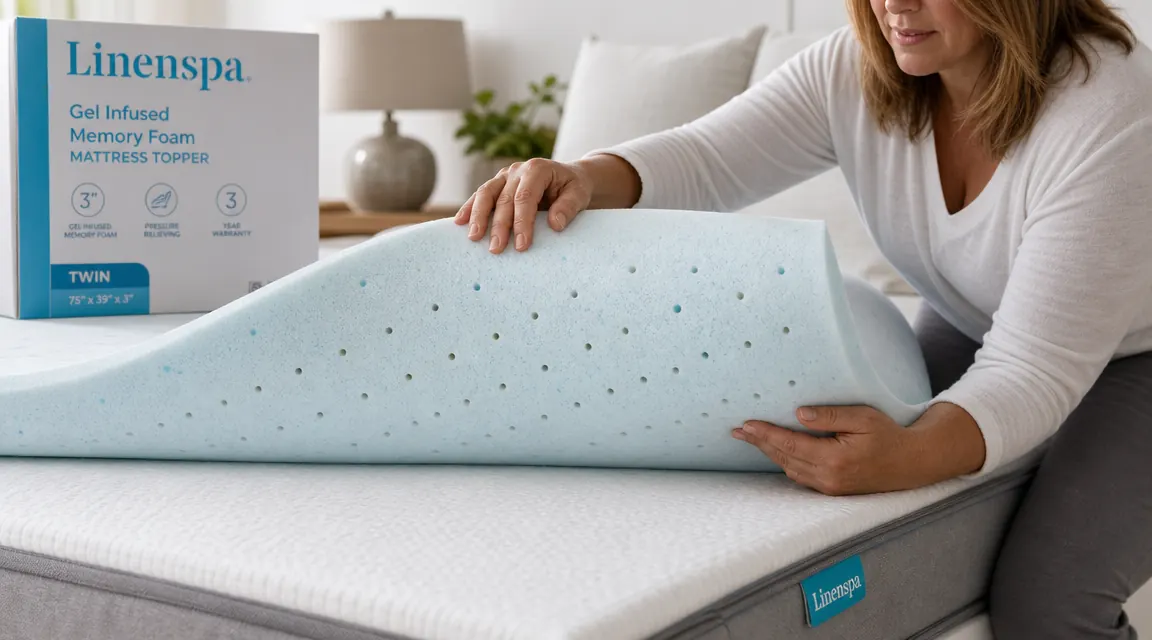 Close-up of a mattress topper surface showing its gel-infused foam texture and ventilation channels