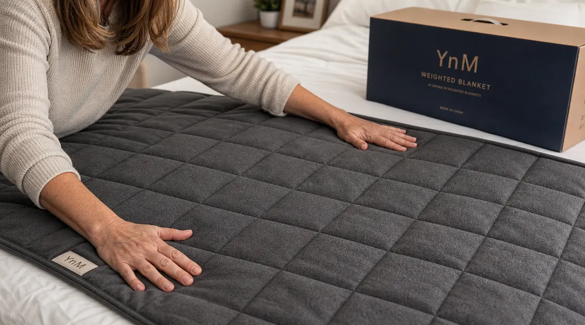 Hands smoothing a glass-bead weighted blanket flat across a bed before sleep