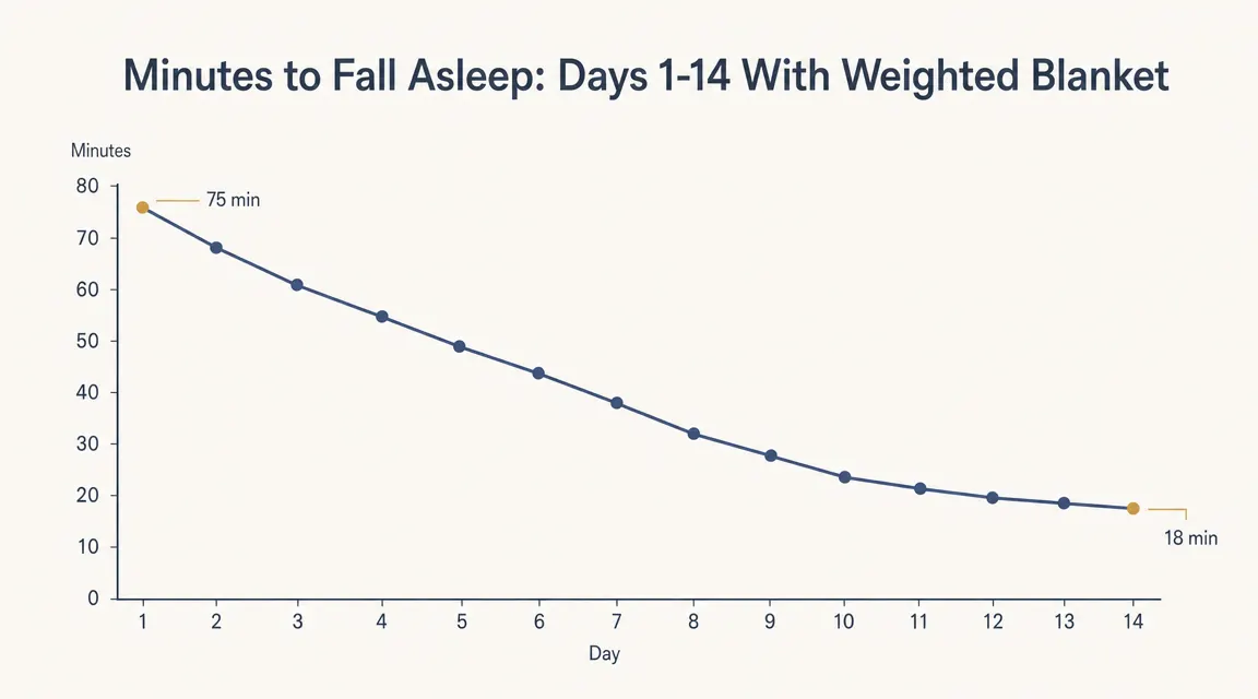 Chart showing sleep onset time decreasing from 75 minutes to 18 minutes over a 14-day weighted blanket trial