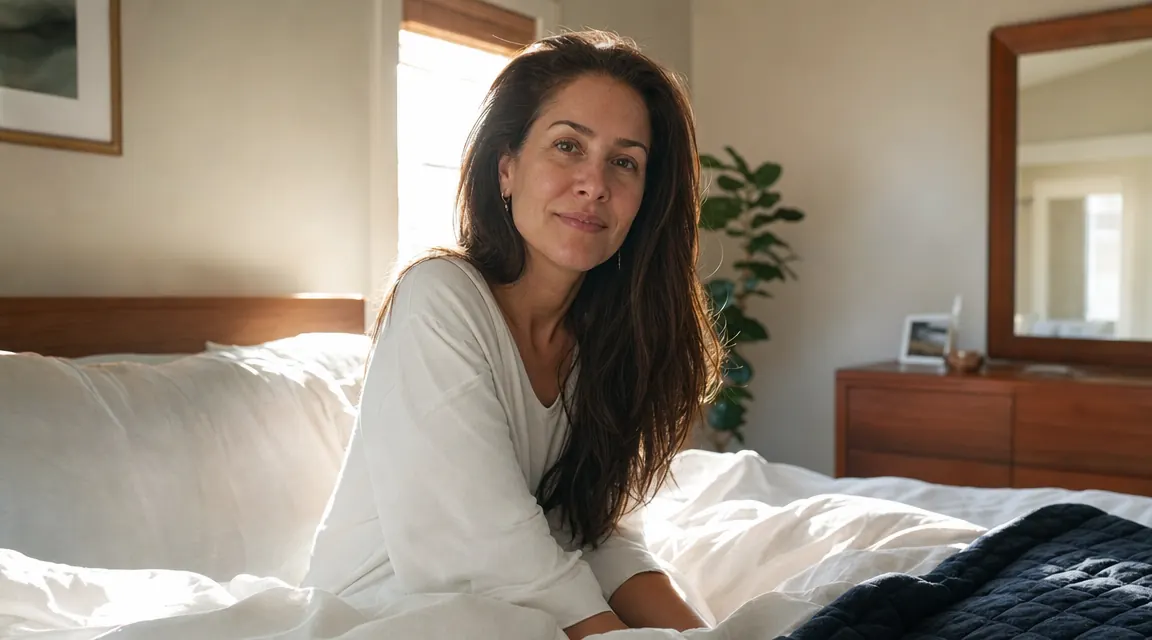 Person sitting up in bed in the morning looking rested, sunlight on their face