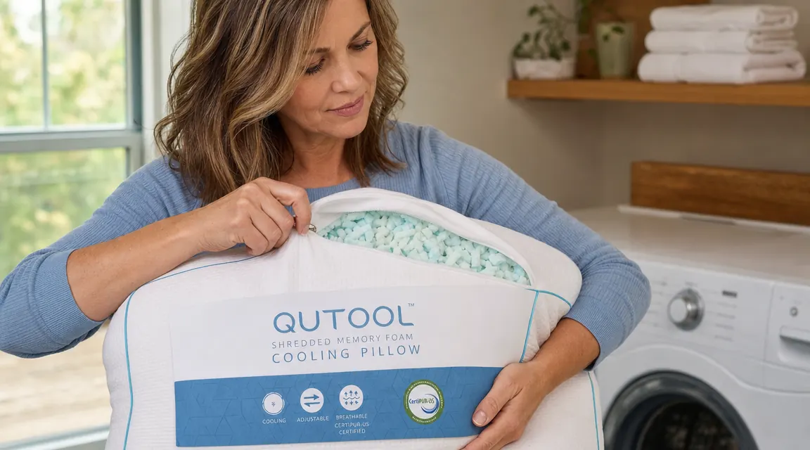 Hands unzipping a white cooling pillow cover to reveal shredded memory foam fill inside