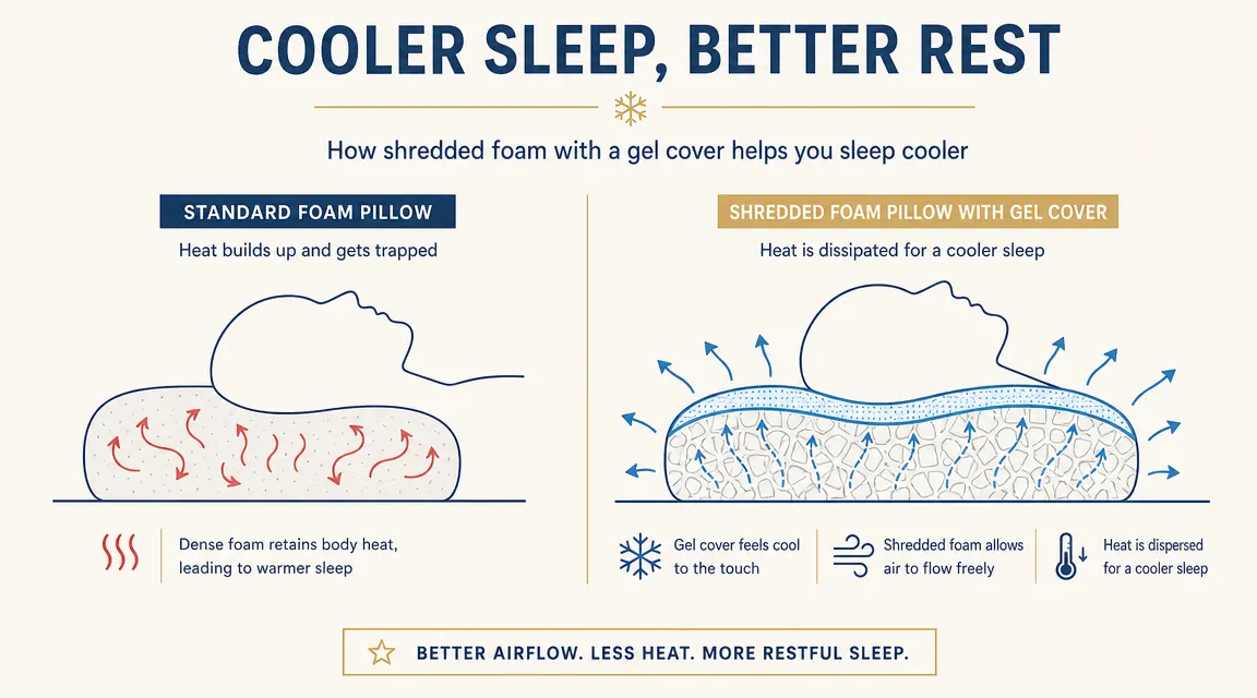 Diagram showing heat flow away from head and neck into a cooling gel pillow versus a standard foam pillow trapping heat