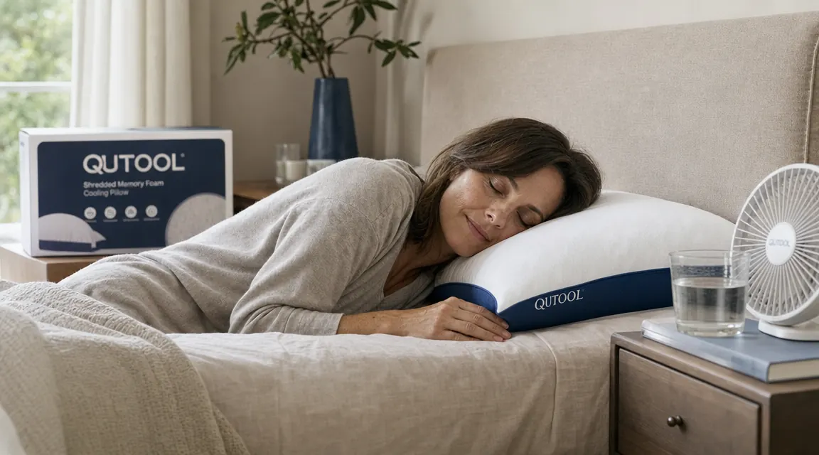 Cooling pillow placed on a freshly made bed next to a glass of water and a small desk fan, morning bedroom scene
