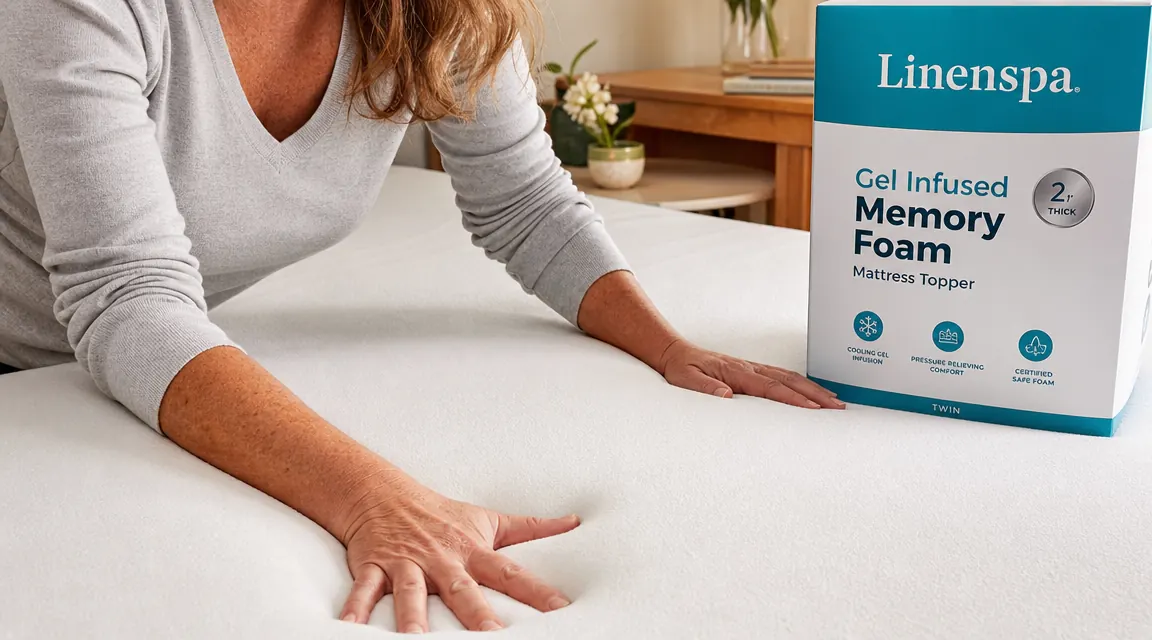 Hands pressing into the surface of the Linenspa gel memory foam mattress topper to test firmness