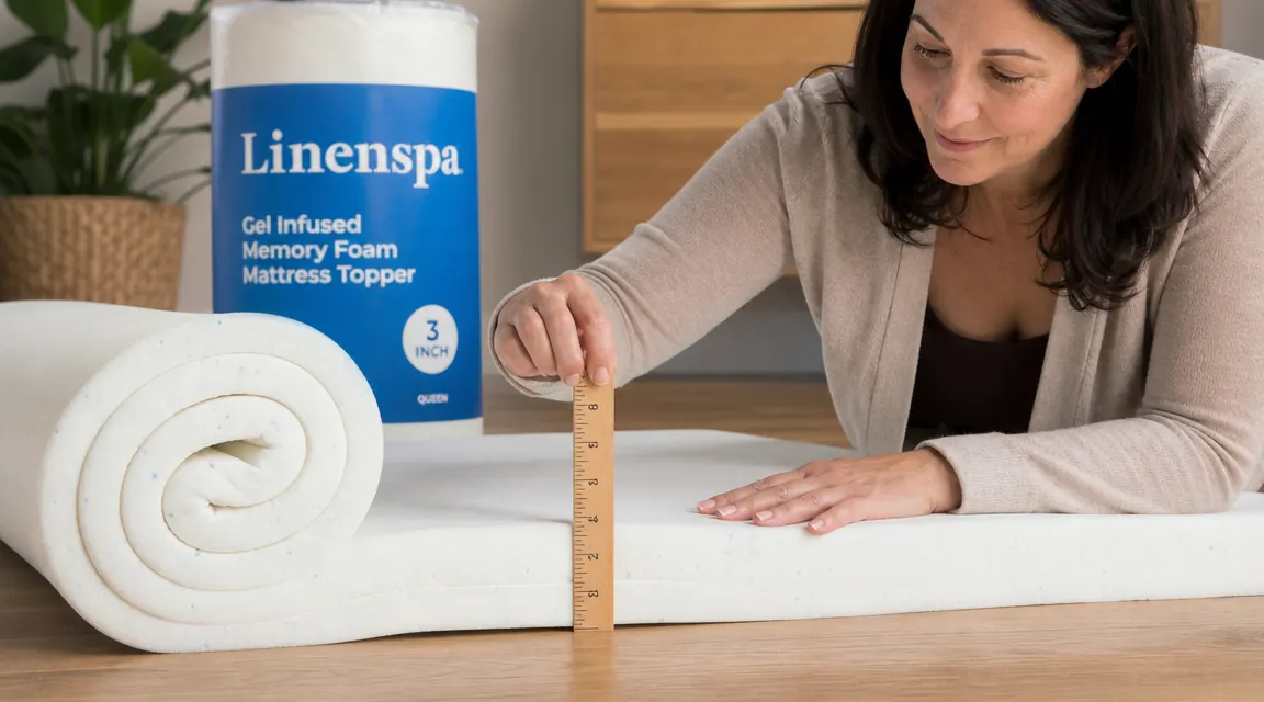 Rolled mattress topper next to a ruler showing 3-inch thickness measurement