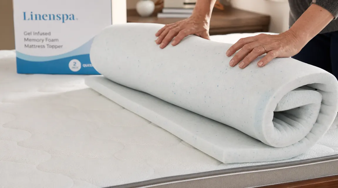 Hands unrolling a thick white gel memory foam mattress topper onto a queen mattress