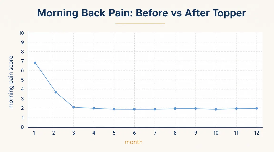 Simple line chart showing back pain severity score dropping over 12 months after adding a mattress topper