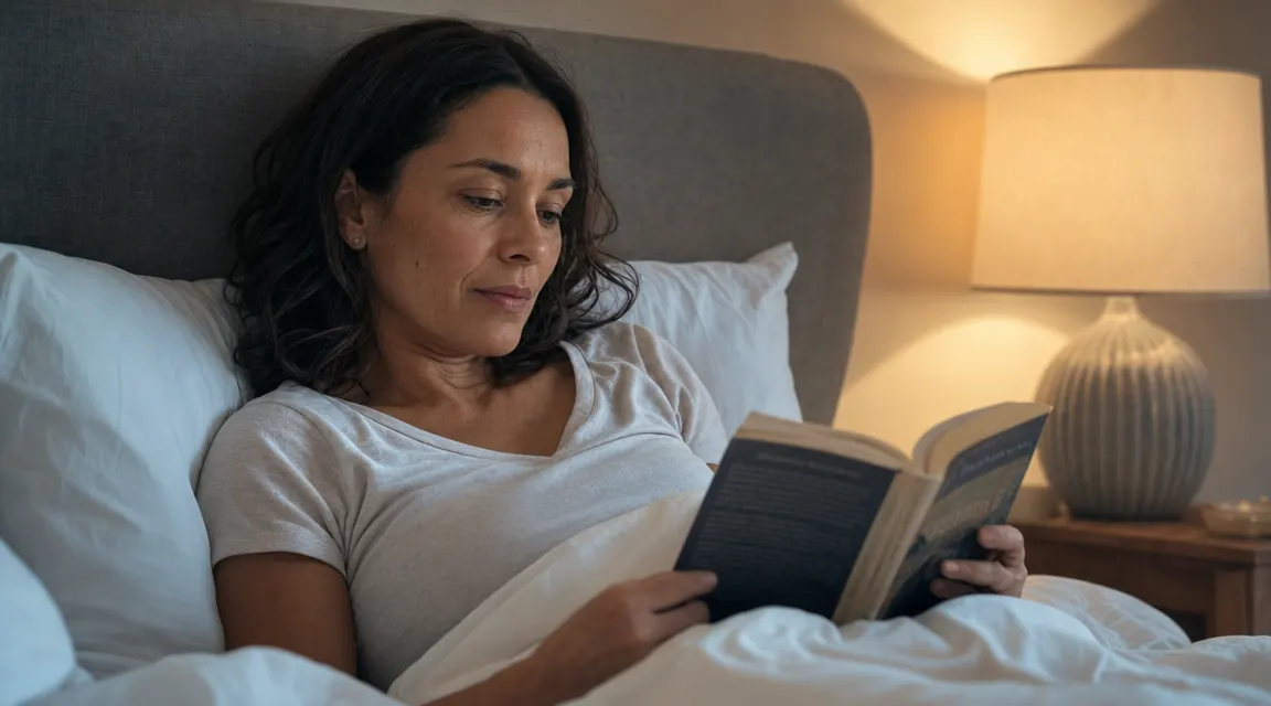 Woman reading a book in bed looking relaxed and comfortable on a plush mattress