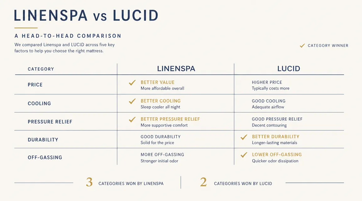 Side-by-side chart comparing Linenspa and LUCID mattress toppers across price, cooling, firmness, and durability ratings