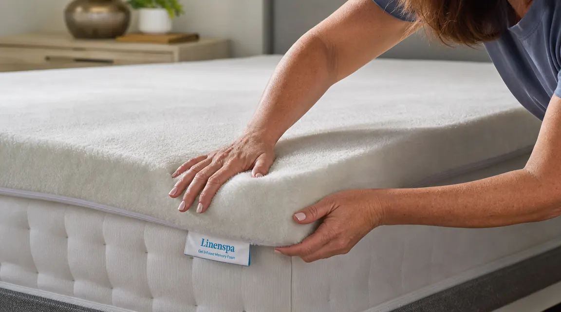 Hands unrolling a thick white memory foam mattress topper onto a queen bed with cream-colored sheets