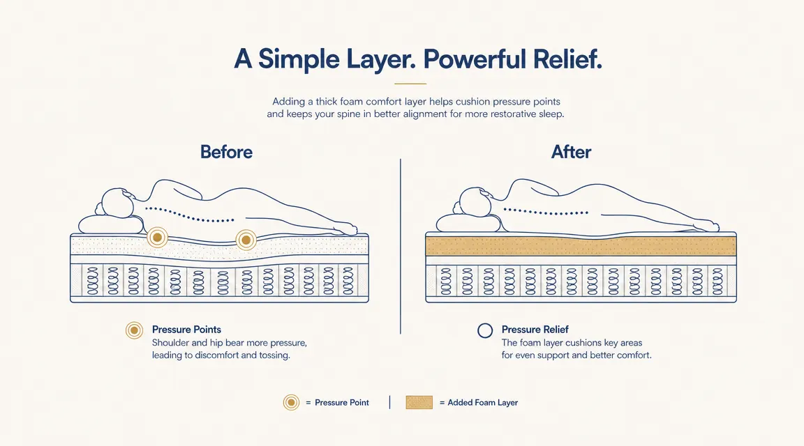 Split illustration: left side shows a worn sagging mattress cross-section, right side shows the same mattress with a thick memory foam topper added and pressure points relieved