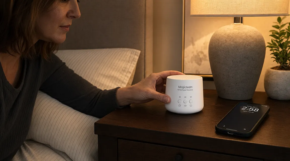 Hand placing the Magicteam white noise machine on a nightstand next to a phone showing 2:58am