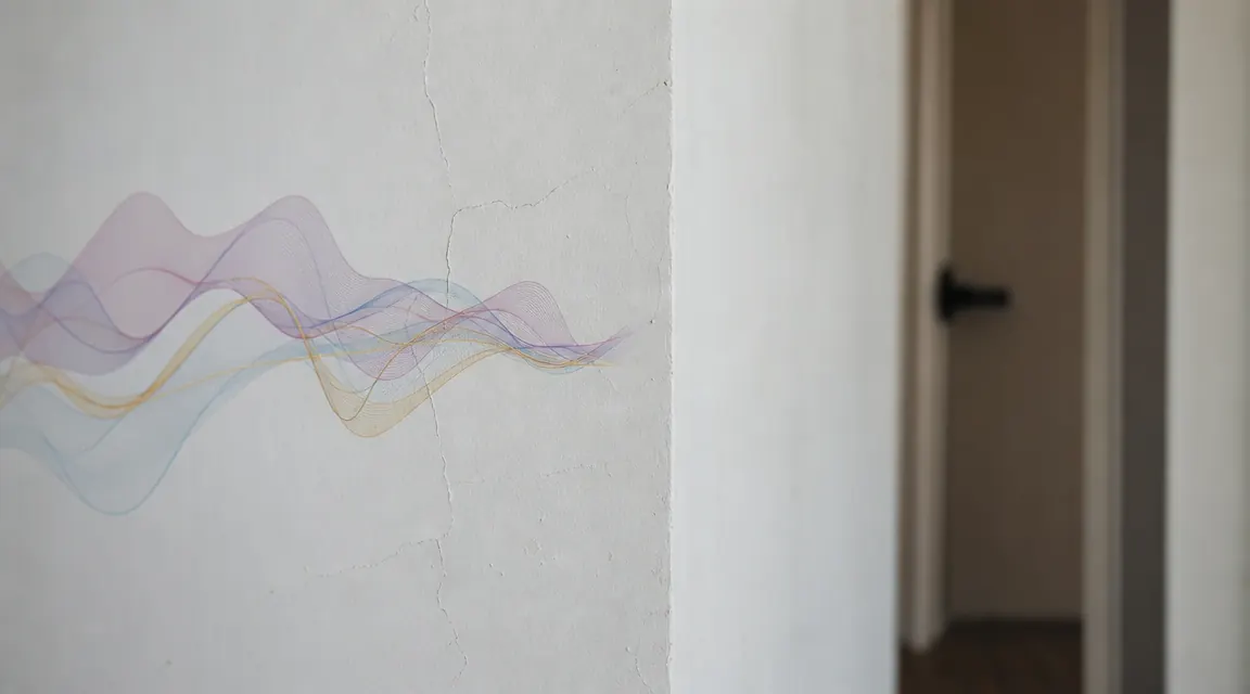 Thin apartment wall with sound waves illustrated passing through it, suggesting noise bleed between units