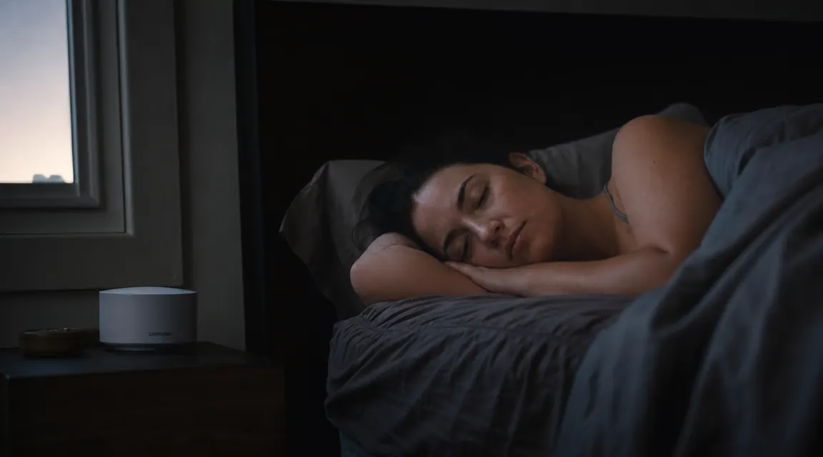 Woman sleeping peacefully in a dark bedroom with a white noise machine visible on the nightstand