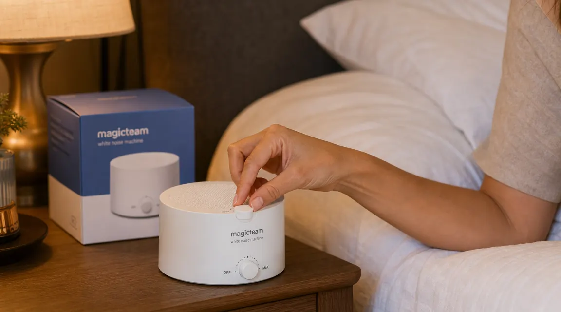 Hand reaching to adjust volume dial on a Magicteam white noise machine
