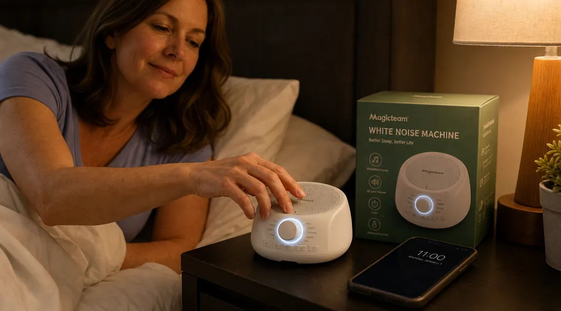 Close-up of the Magicteam white noise machine with its dial and LED indicator lit, sitting next to a phone showing 11pm on a dark nightstand