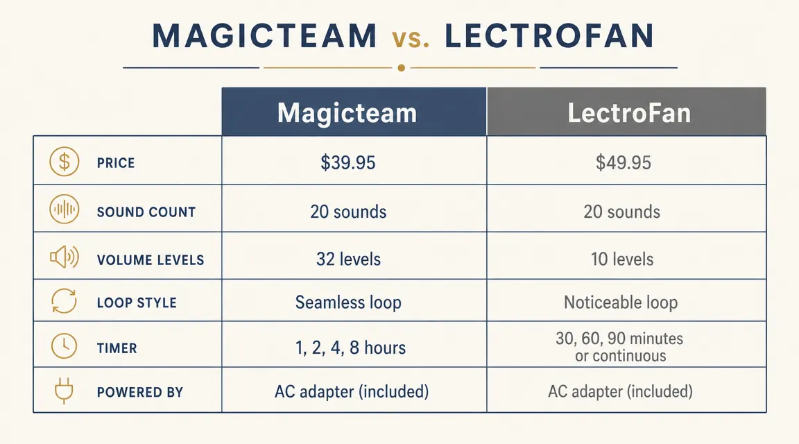 Comparison chart showing Magicteam and LectroFan side by side across price, sound count, volume range, and loop style