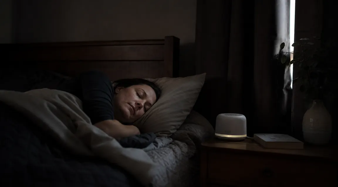 A woman sleeping on her side with a white noise machine glowing faintly on the nightstand, early morning light at the curtain edge