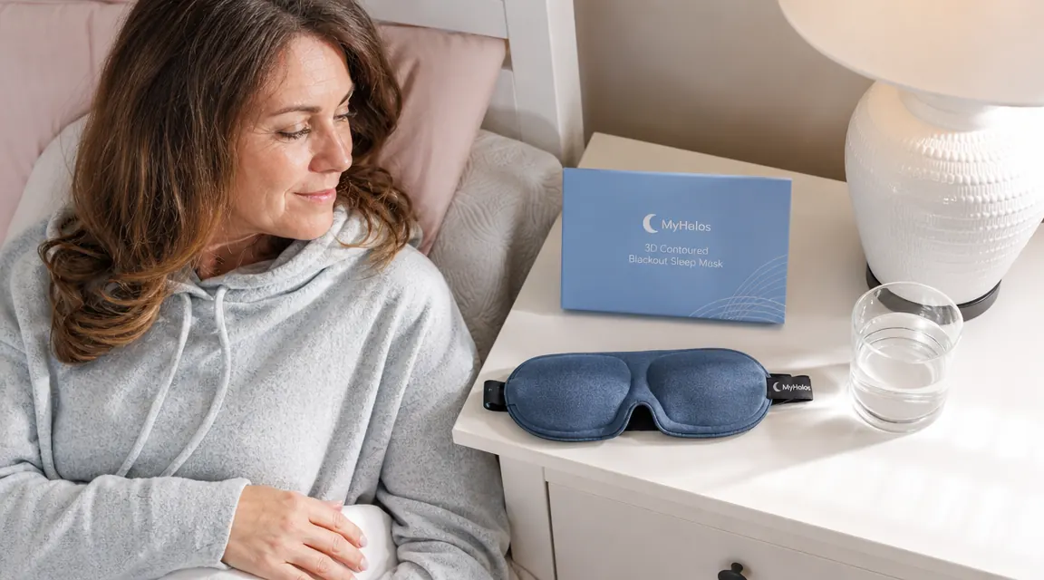 Close-up of the MyHalos 3D contoured sleep mask resting on a white bedside table next to a glass of water