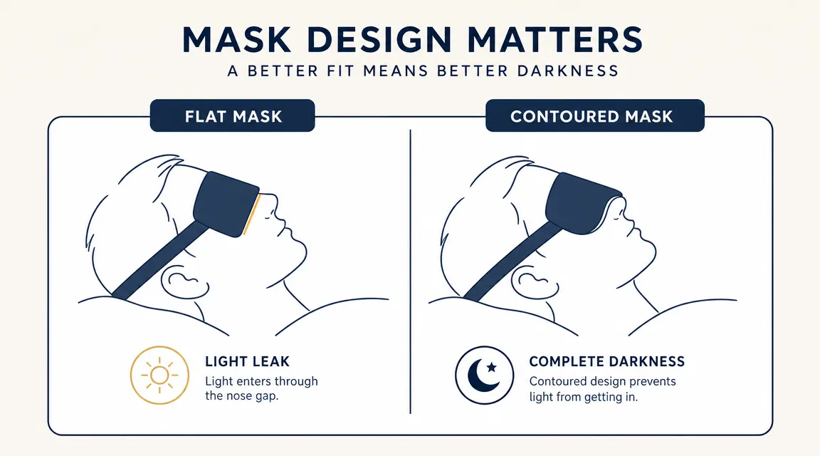 Split image showing light leaking under a flat sleep mask on the left versus no light under a contoured mask on the right