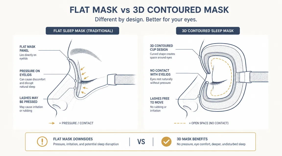 Diagram comparing flat sleep masks versus contoured 3D cup masks, showing pressure points and light-leak gaps