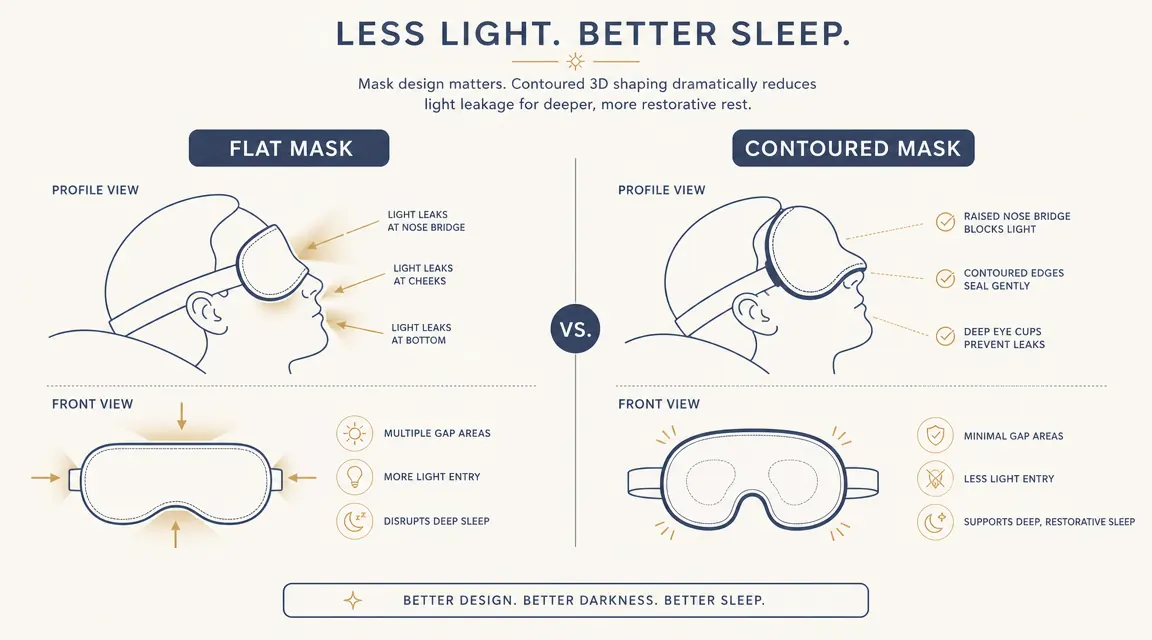 Side-by-side comparison diagram showing light-leak gap on a flat mask versus sealed fit on a 3D contoured mask