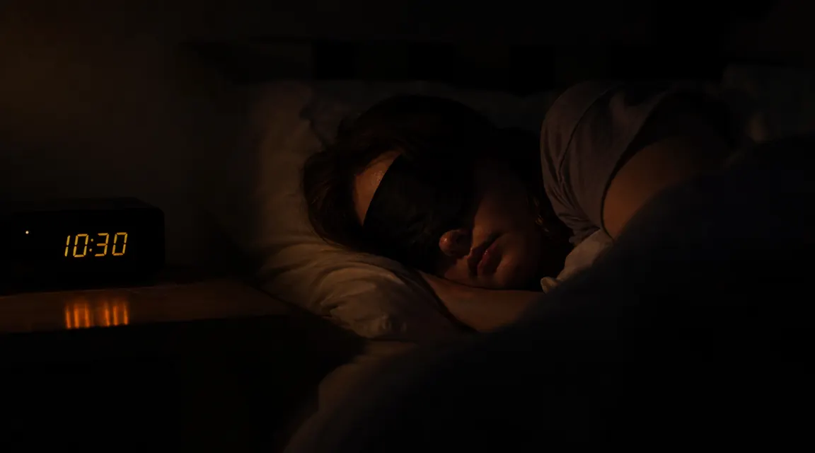 Person sleeping peacefully on their side in a dark room with a sleep mask on, only faint digital clock glow visible
