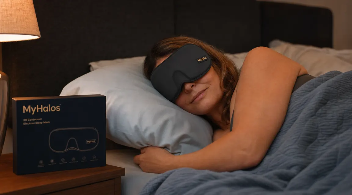 Woman lying on her side in bed wearing a contoured 3D sleep mask, pillow visible