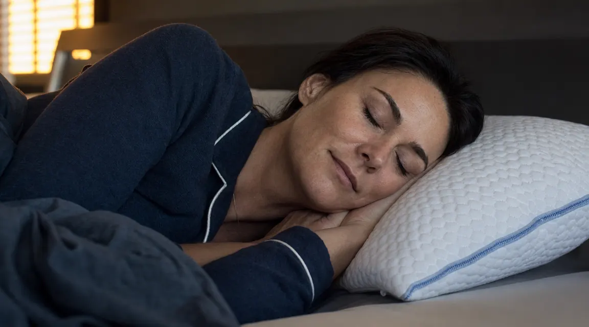 Person sleeping on their side using a cooling pillow, relaxed and undisturbed