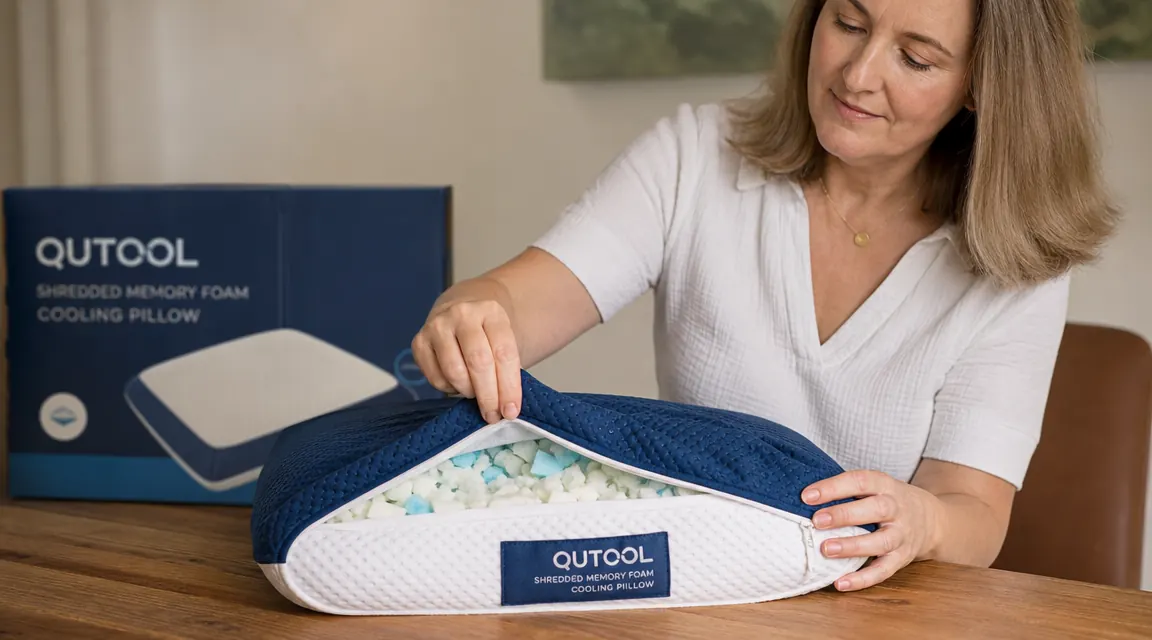 The QUTOOL pillow unzipped to show the shredded memory foam fill inside