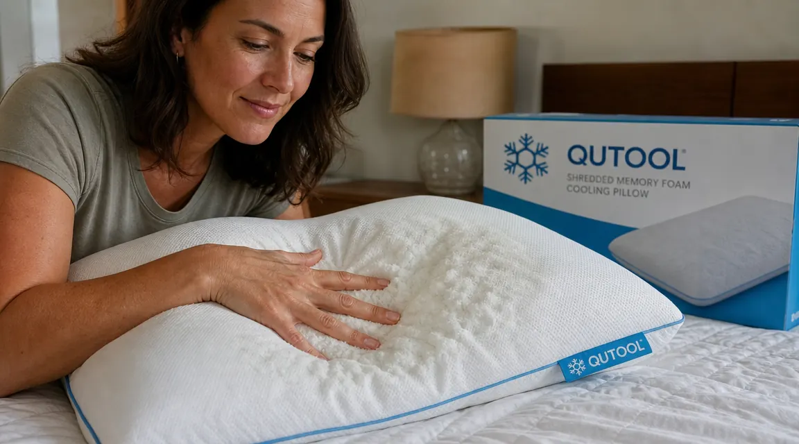 Hand pressing down into the QUTOOL cooling pillow showing the gel-infused memory foam filling