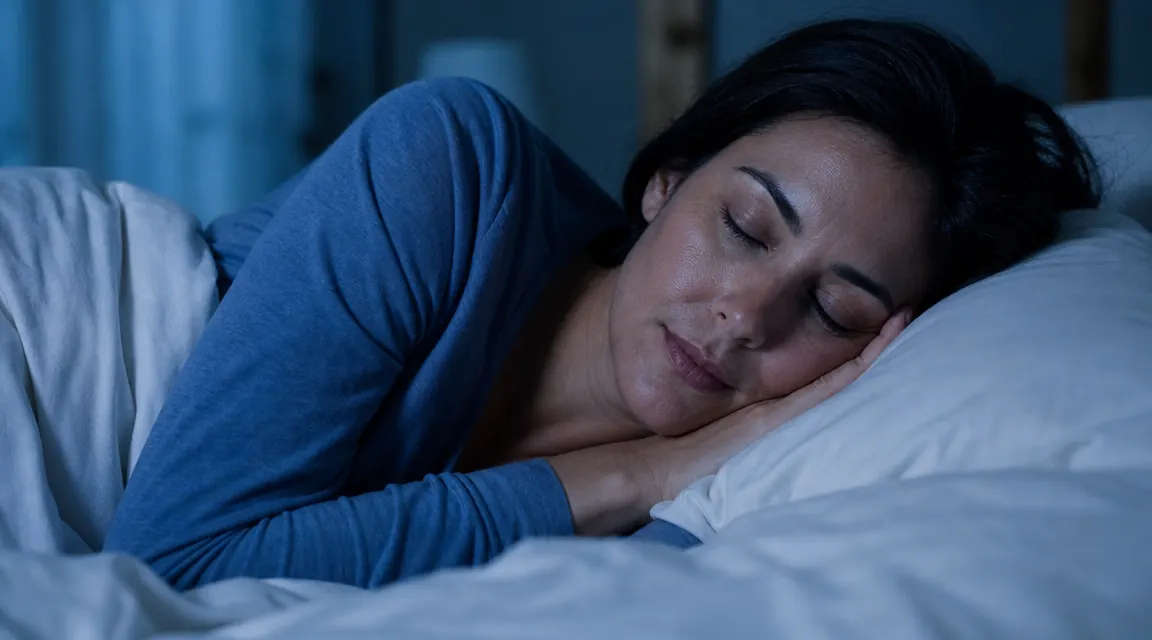 Woman sleeping peacefully on her side, one arm resting on a cooling pillow, bedroom in cool blue light