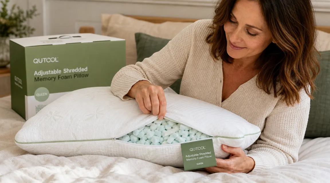 QUTOOL cooling pillow on a bed with shredded memory foam visible through the cover zipper