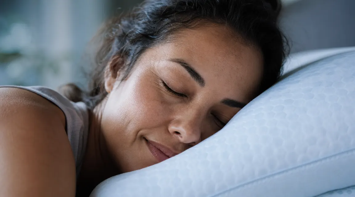 Close-up of a person pressing their cheek against a cool pillow surface, eyes closed, expression of relief