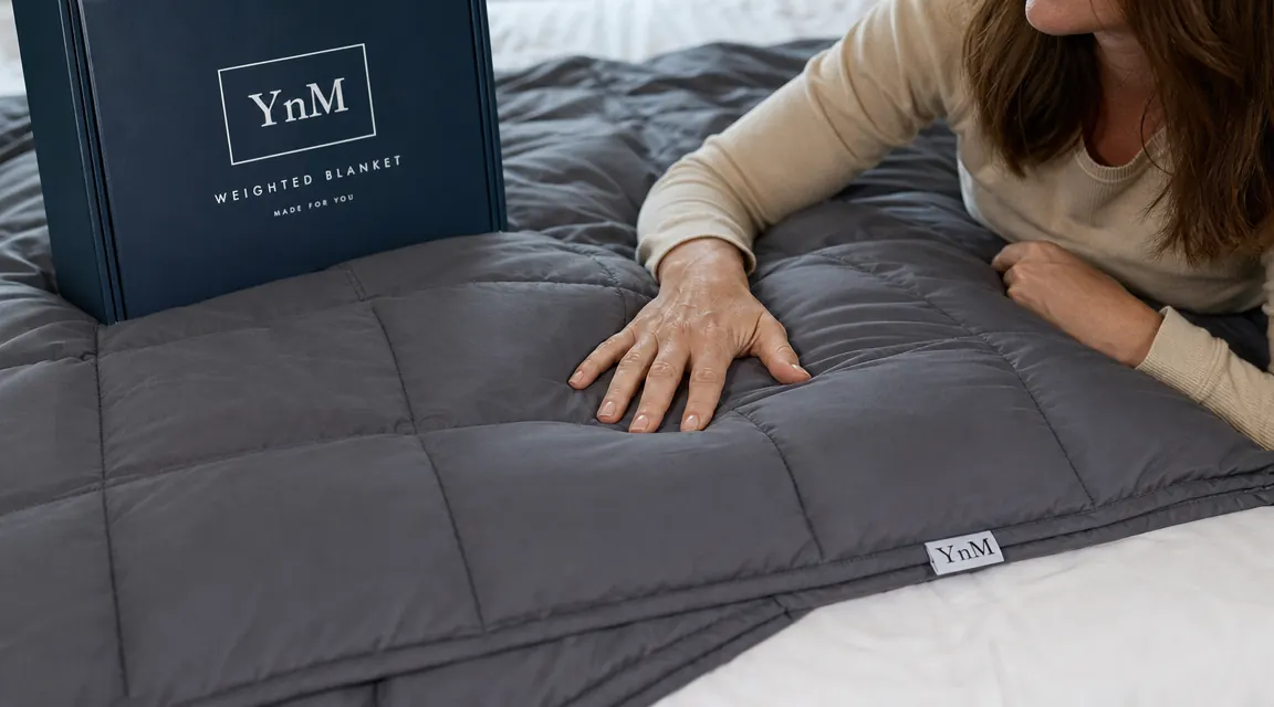 Close-up of the YnM weighted blanket fabric showing the small glass-bead filled squares and stitching pattern