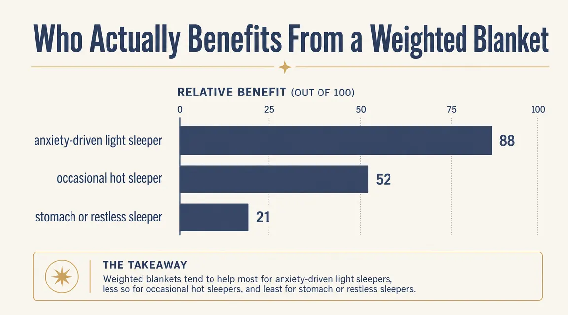 Illustrated chart showing weighted blanket suitability by sleeper type: anxiety/light sleeper high, hot sleeper medium, stomach sleeper low