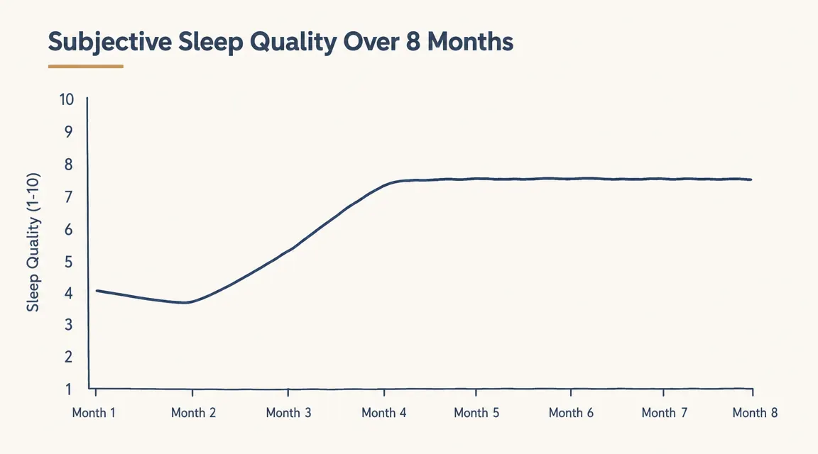 Simple line chart showing subjective sleep quality score improving over 8 months of weighted blanket use