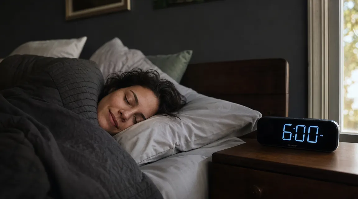 Woman sleeping soundly on her side, weighted blanket pulled up to shoulder, dark bedroom, peaceful expression