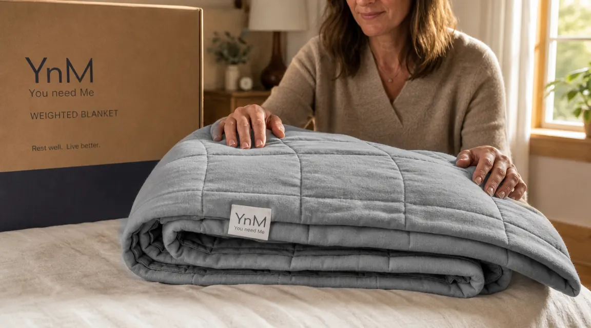 YnM weighted blanket folded on the foot of a bed, glass beads visible through the fabric stitching, natural morning light