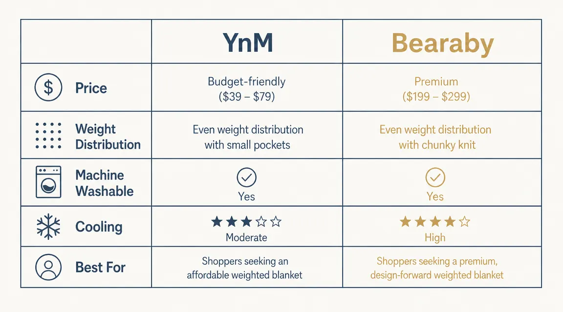 Comparison chart showing YnM vs Bearaby on price, weight distribution, washability, and cooling