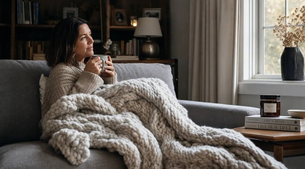 Person reading on a couch under a chunky knit weighted blanket near a window